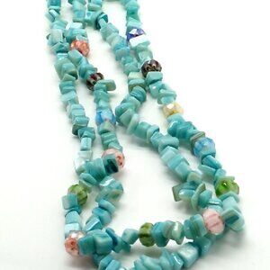 Aqua Amazonite Polished Chip & Glass Multi-colored Bead Necklace 12-14"